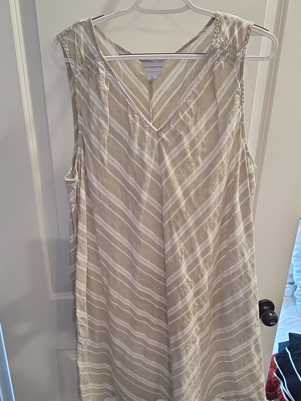 Liz Claiborne Beige and White Striped With Gold Accent Sleeveless Maxi Dress